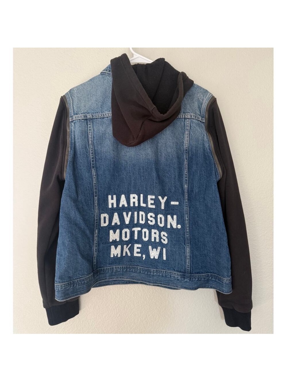 Harley-Davidson women’s Blue Denim Jacket with Black Hoodie Sleeves